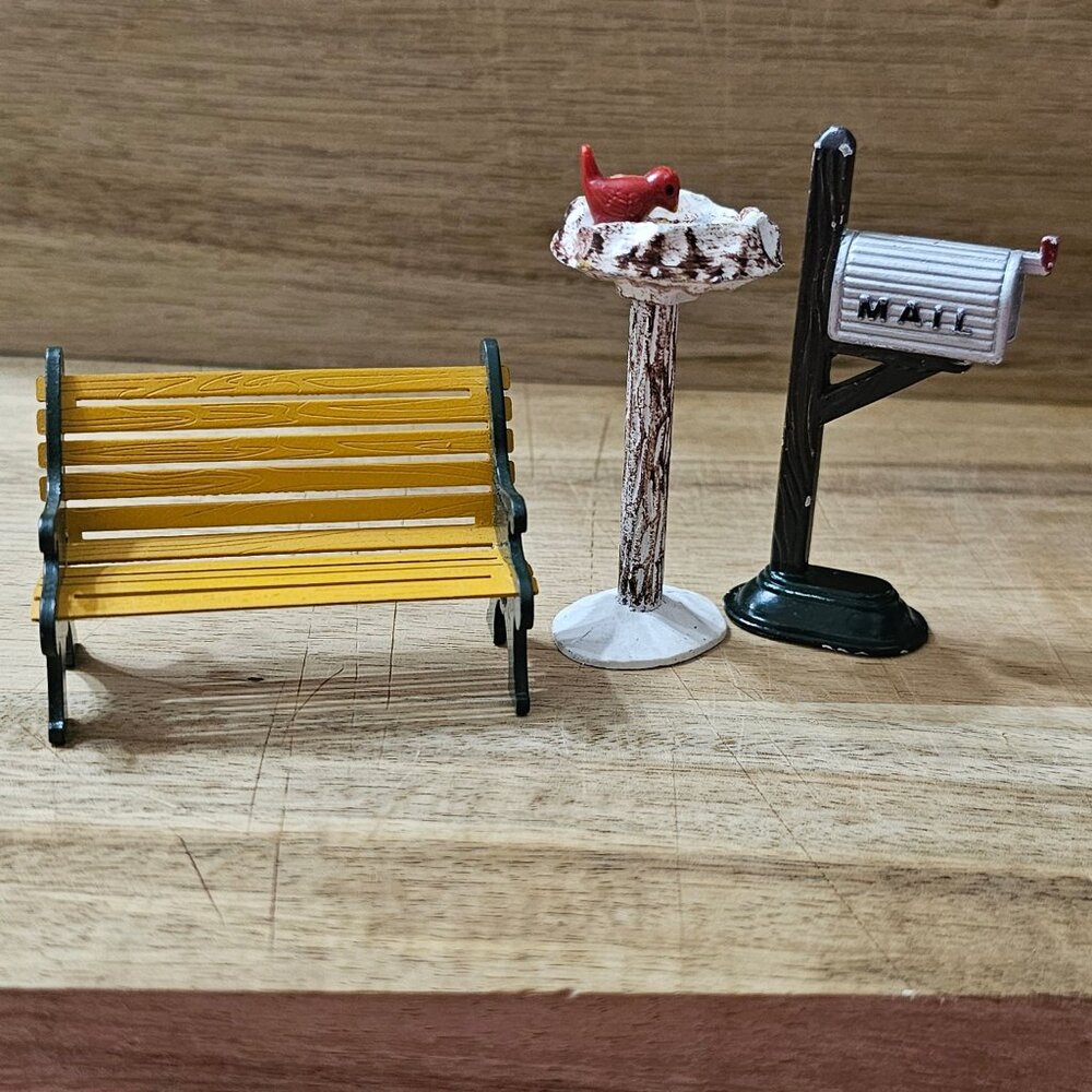 3 Metal Christmas Village Set 3" bench birdbath mailbox mini decor vintage style